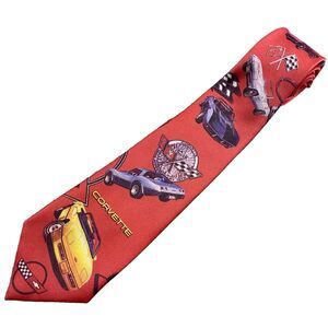 Vtg 1990 Ralph Marlin CORVETTE Tie Chevrolet Emblem Classic Cars Racing Mens Red